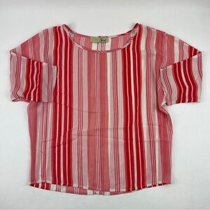 Jay Blouse Womens Red White striped Round Neck 3/4 Sleeve Lightweight Sheer